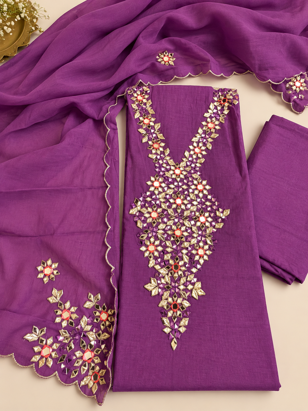 Purple Mul Cotton Gota Work Suit Set