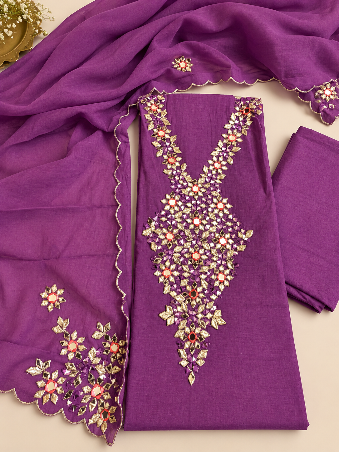 Purple Mul Cotton Gota Work Suit Set
