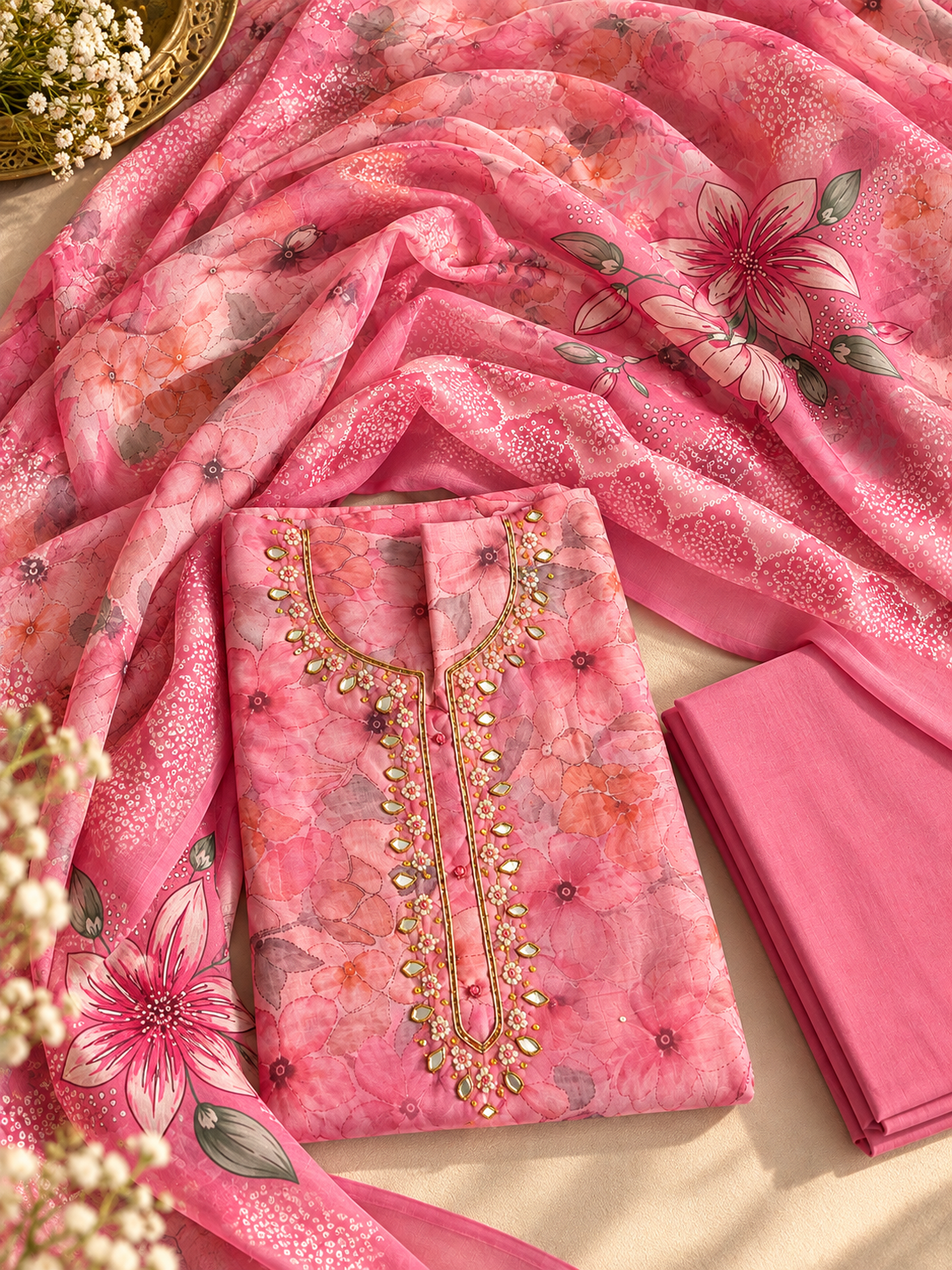 Pink Floral Printed Embellished Unstitched Suit Set