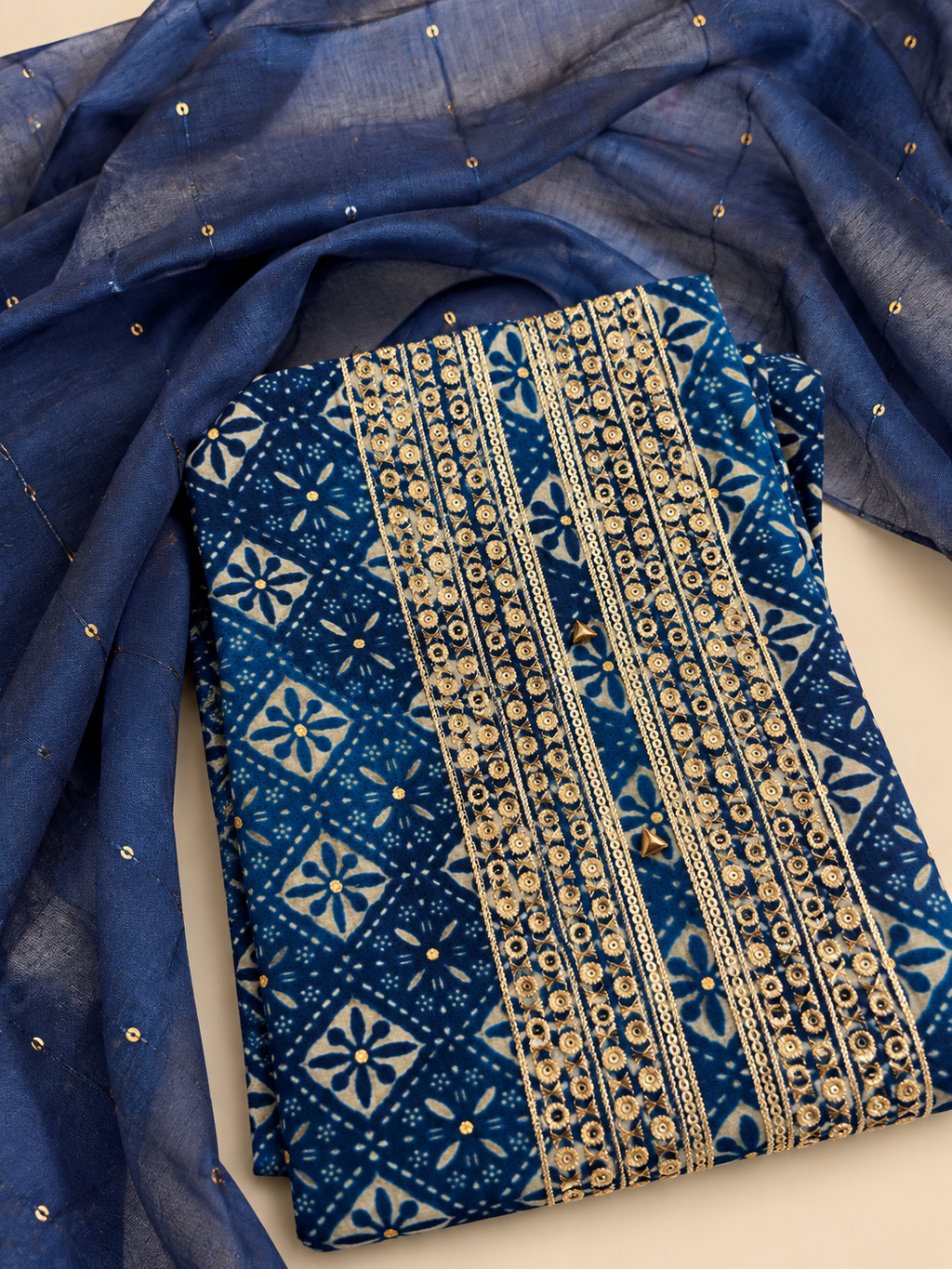 Blue Printed Unstitched Suit Set with Gold Embellished Neckline & Sequined Dupatta