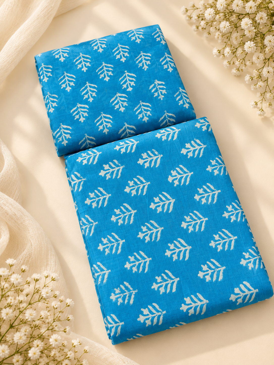 Firozi Hand Block Print Cotton Unstitched Suit Set – 3 Piece