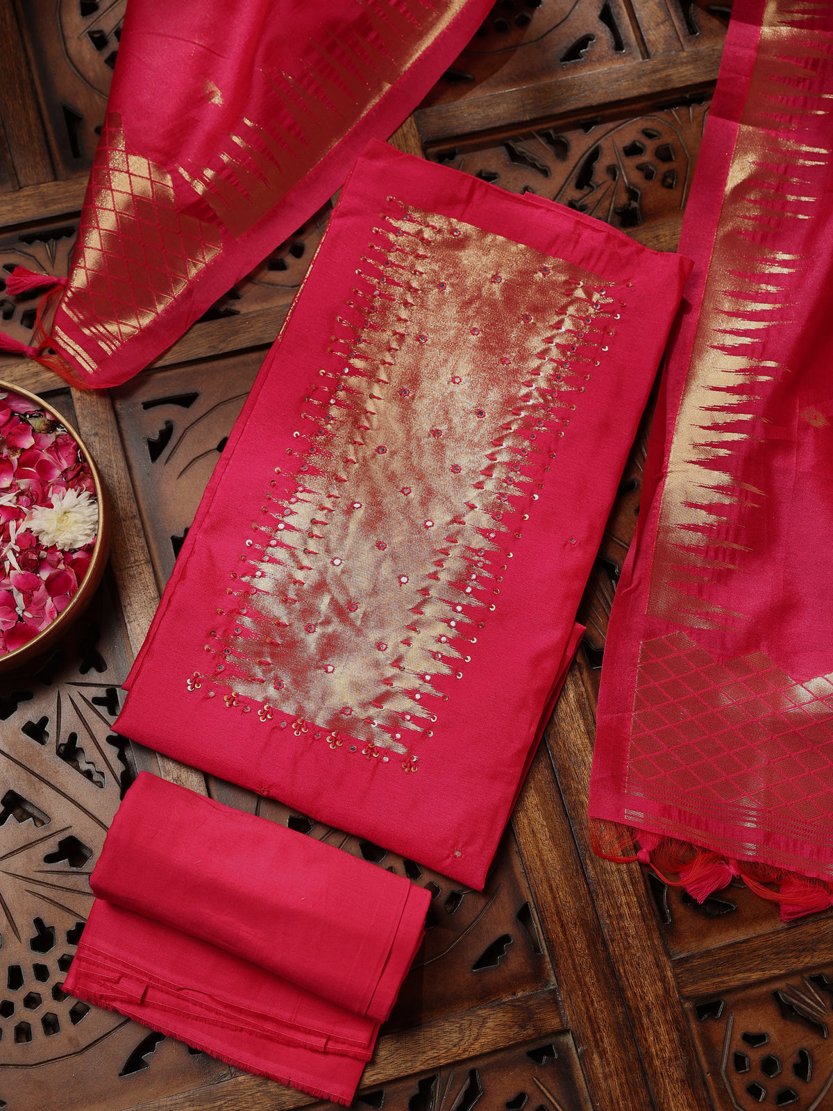 Hot Pink Unstitched Suit Set with Woven Gold Detailing on Kurta & Dupatta