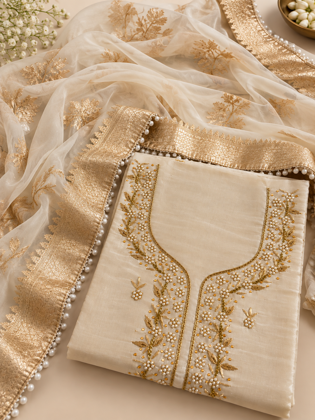 Ivory Pearl & Gold Embroidered Unstitched Suit Set
