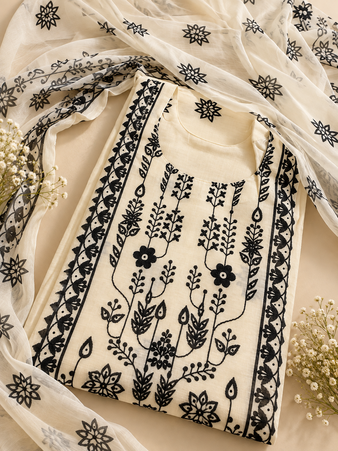 Cream Unstitched Suit Set with Black Floral Embroidery & Printed Dupatta