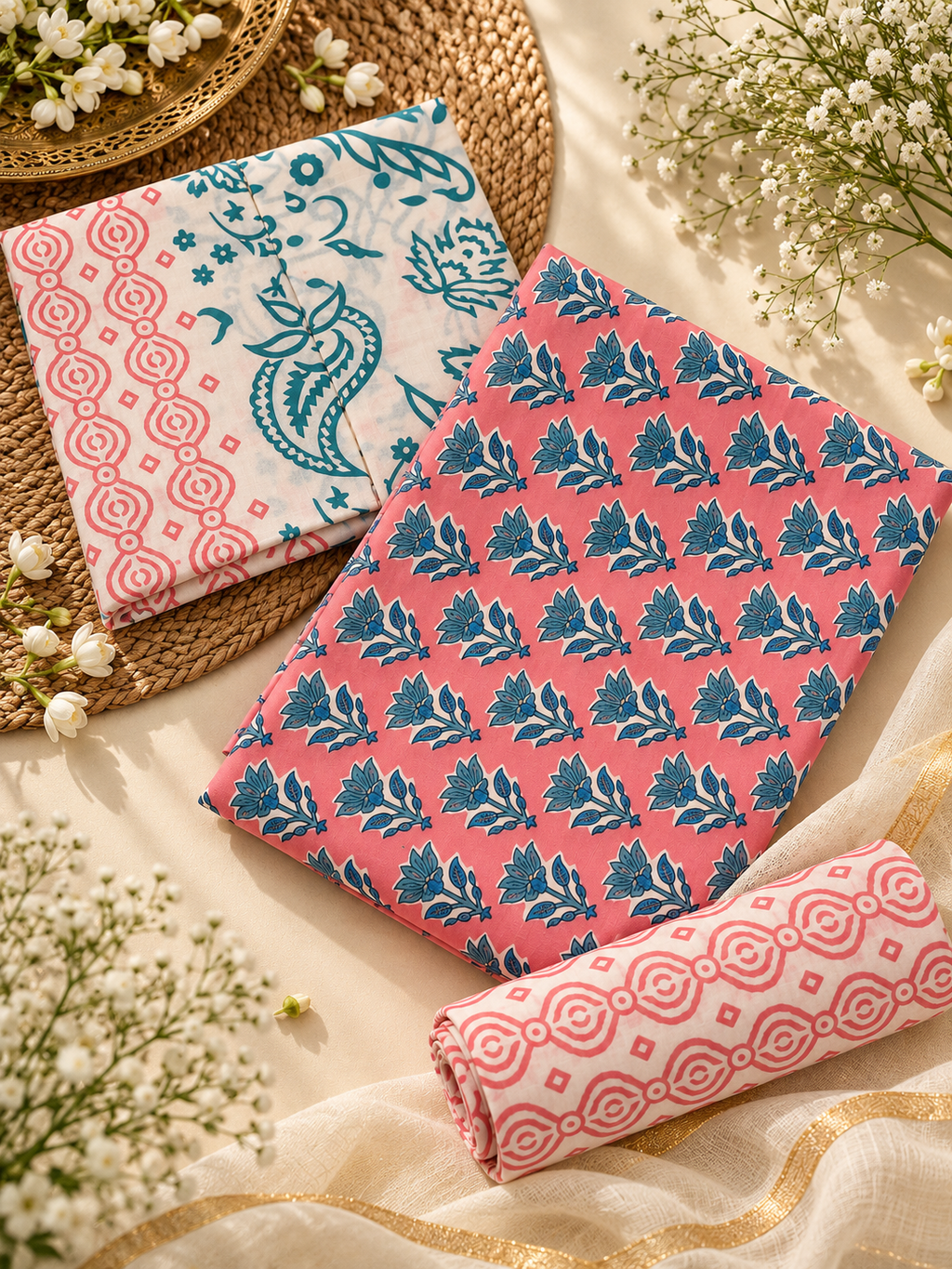 Pink Floral Cotton Hand Block Print Unstitched Suit Set