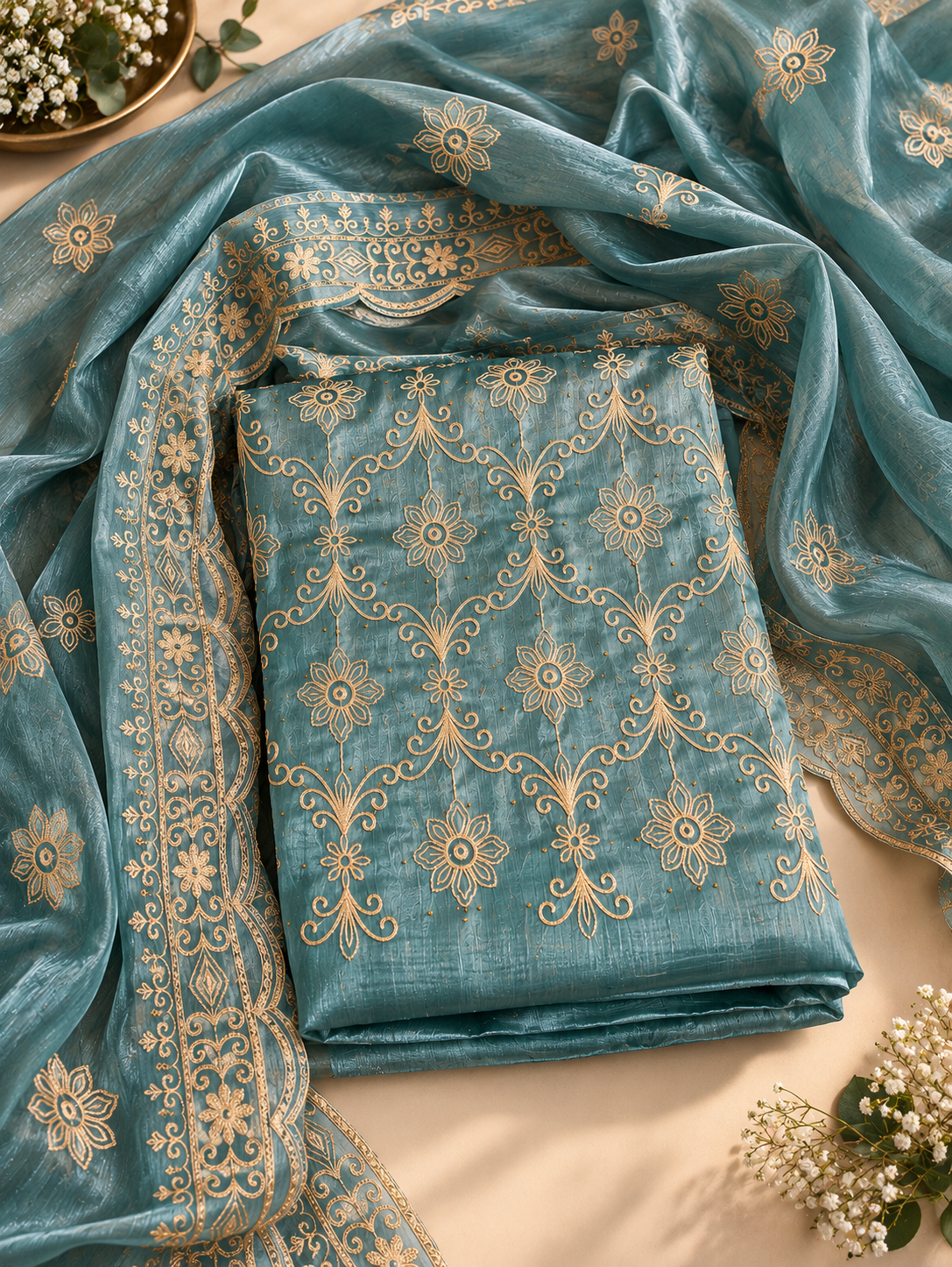 Teal Blue Floral Embroidered Suit Set
