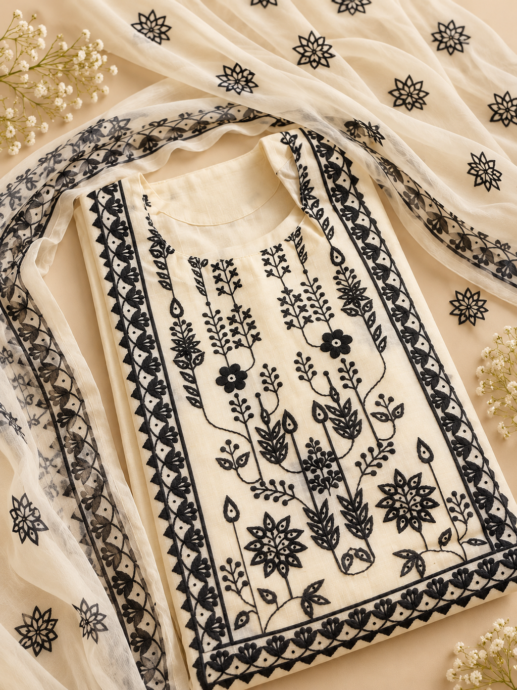 Cream Unstitched Suit Set with Black Floral Embroidery & Printed Dupatta