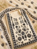 Cream Unstitched Suit Set with Black Floral Embroidery & Printed Dupatta