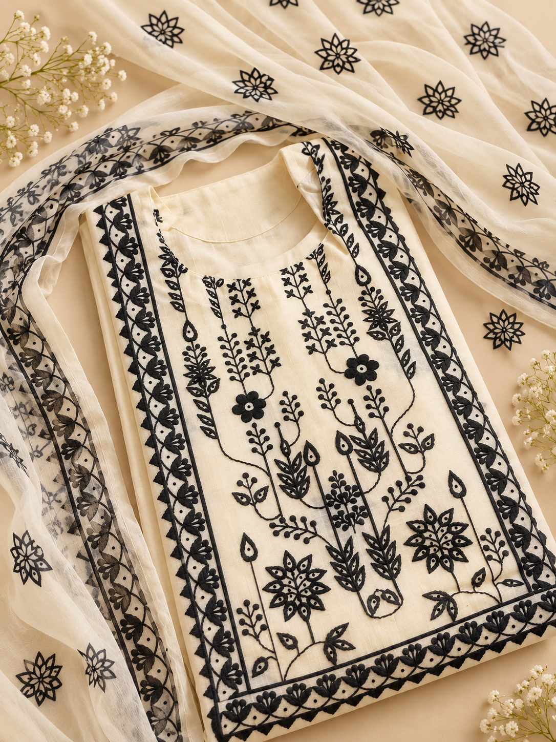 Cream Unstitched Suit Set with Black Floral Embroidery & Printed Dupatta