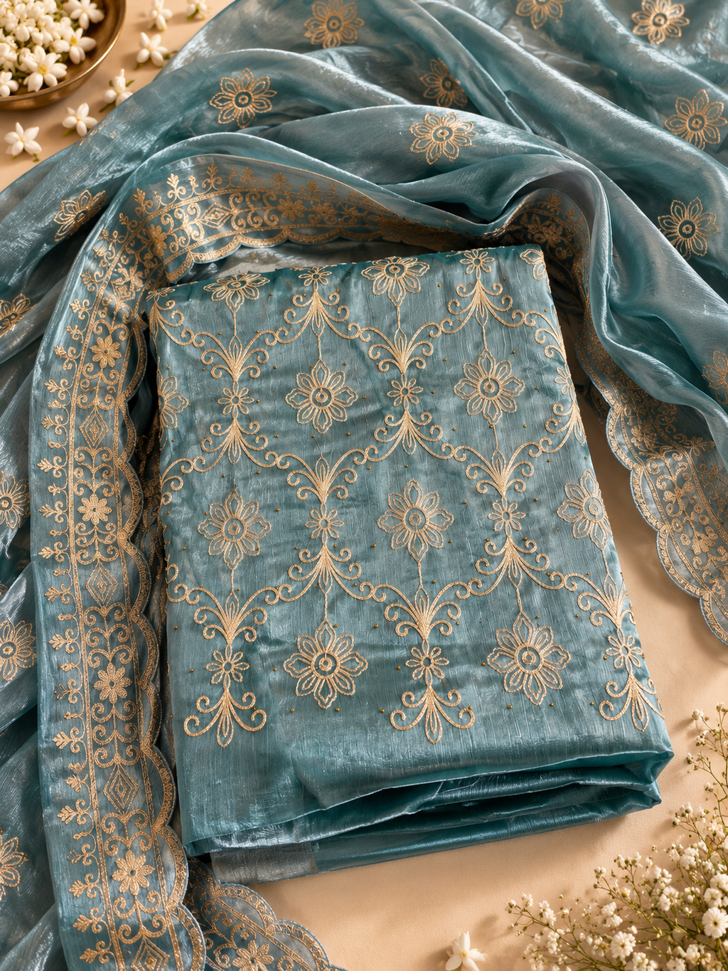 Teal Blue Floral Embroidered Suit Set