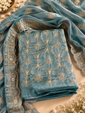 Teal Blue Floral Embroidered Suit Set