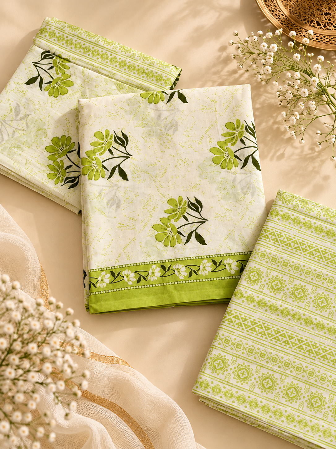 Lime Green Floral Hand Block Print Cotton Unstitched Suit Set – 3 Piece