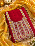 Red Unstitched Suit Set with Intricate Embroidery & Mustard Yellow Dupatta