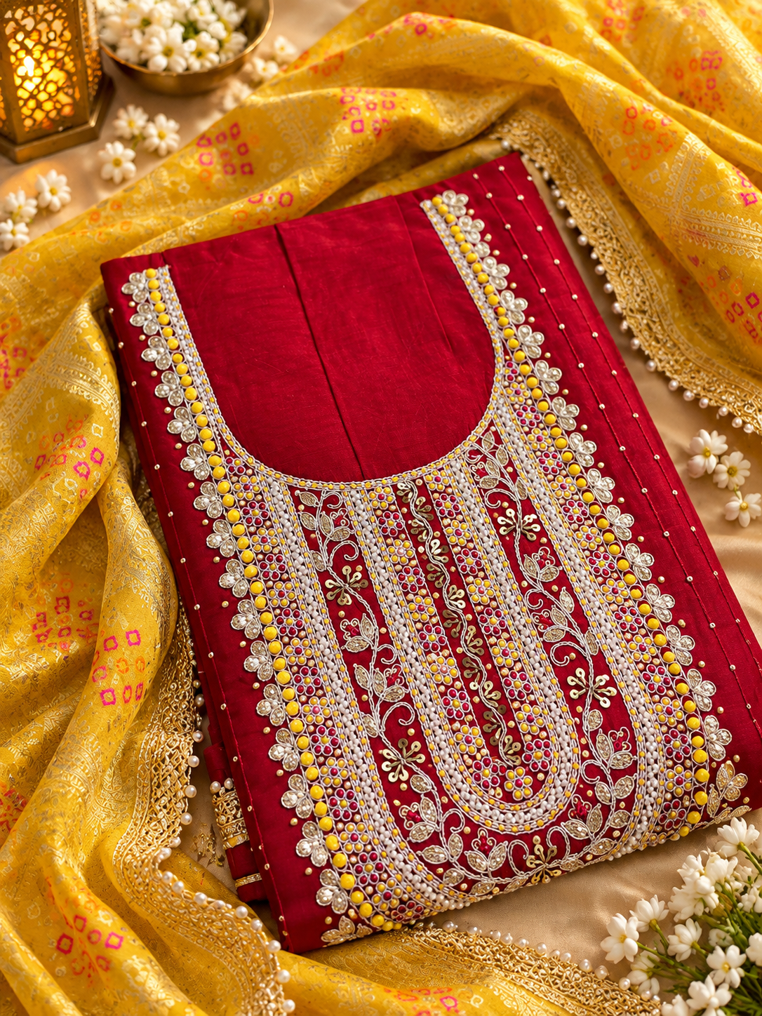 Red Unstitched Suit Set with Intricate Embroidery & Mustard Yellow Dupatta