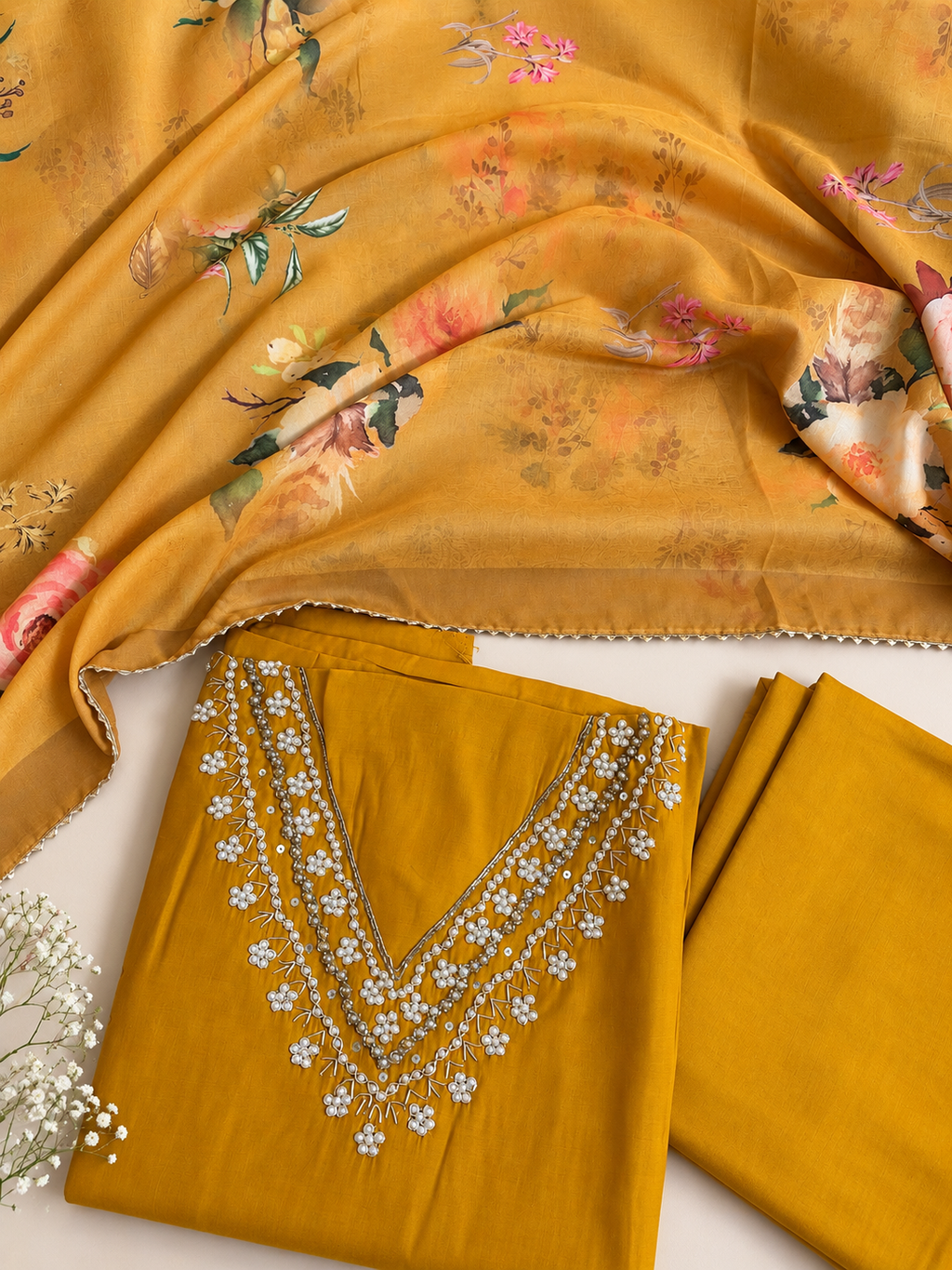 Mustard Yellow Unstitched Suit Set with Pearl Floral Embellished Neckline & Printed Dupatta