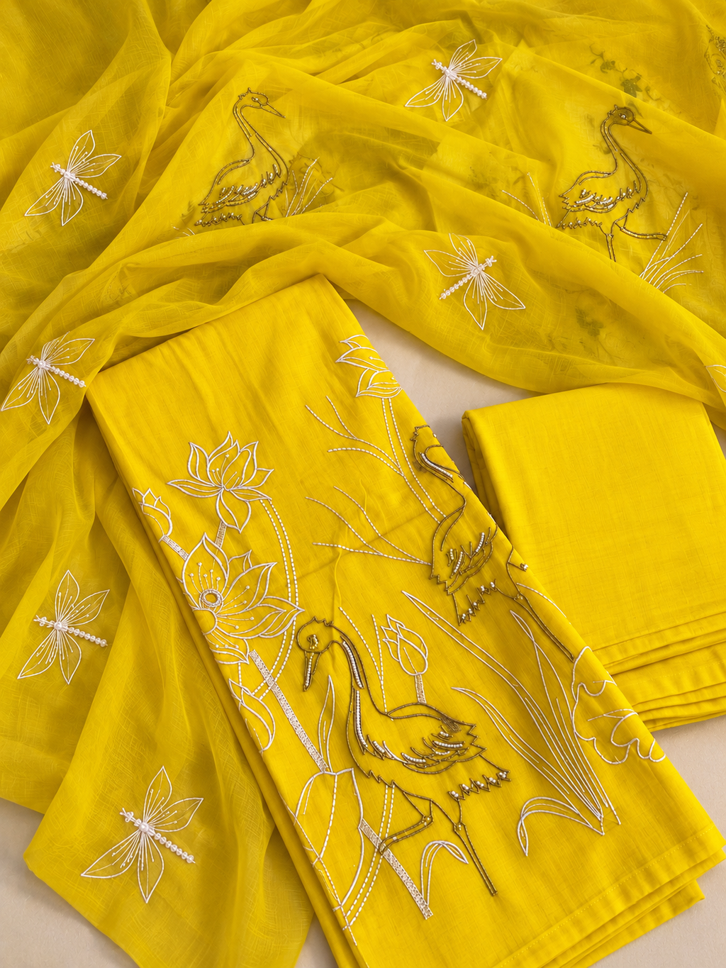 Yellow Mul Cotton Floral Embroidered Suit Set