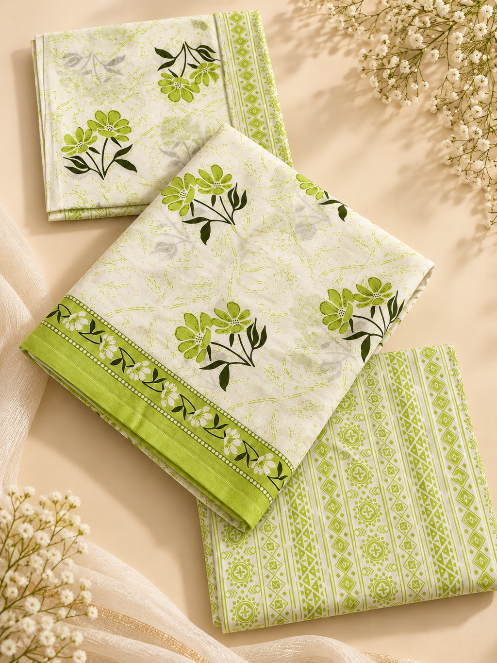 Lime Green Floral Hand Block Print Cotton Unstitched Suit Set – 3 Piece