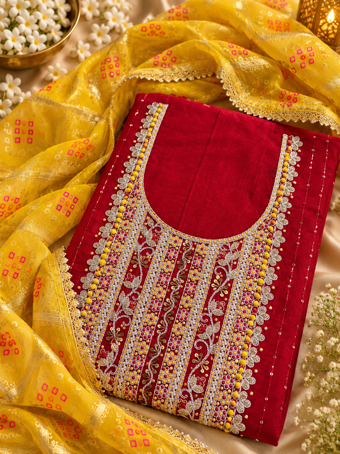 Red Unstitched Suit Set with Intricate Embroidery & Mustard Yellow Dupatta