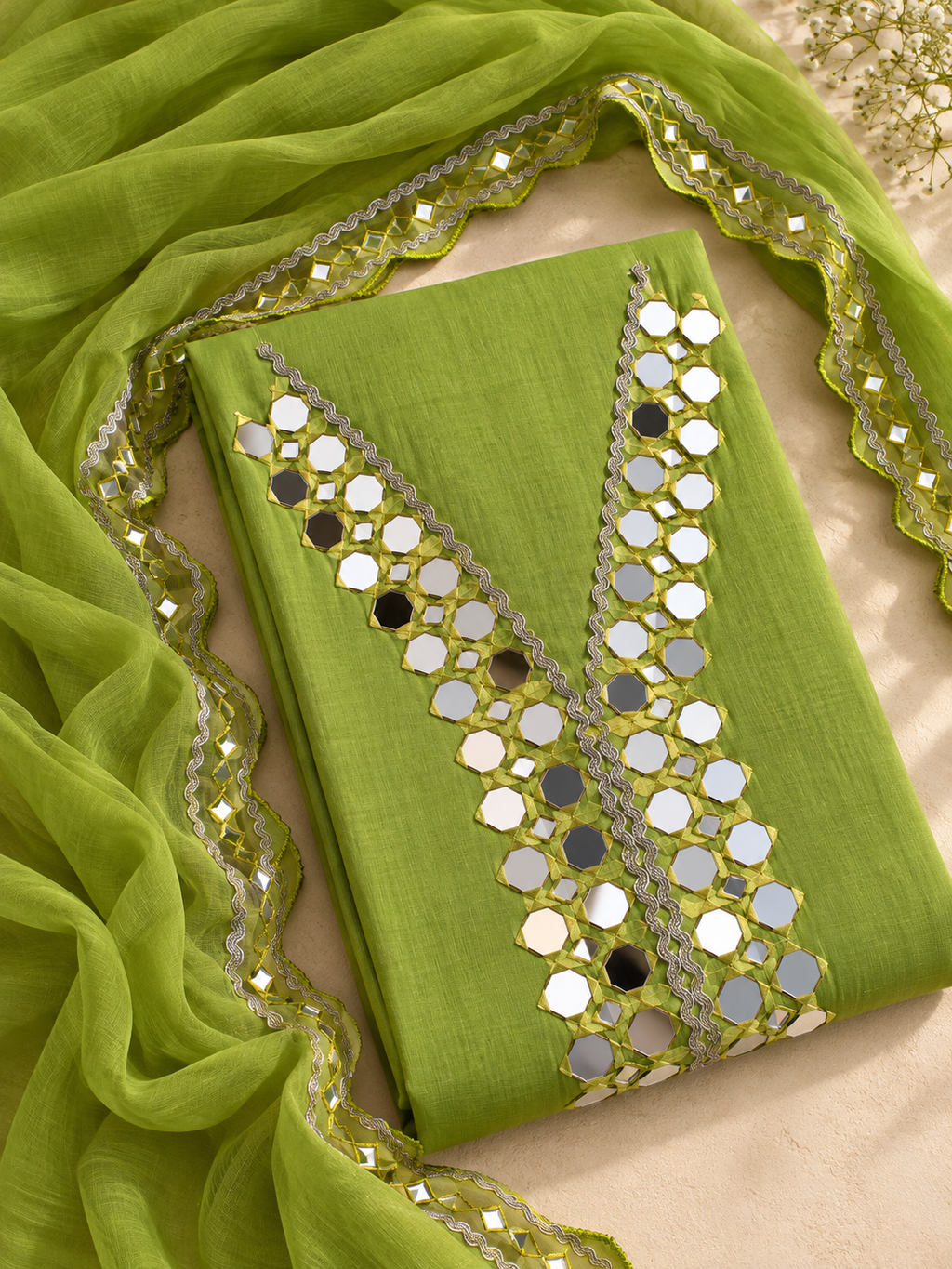 Green Mul Cotton Mirror Work Unstitched Suit Set with Dupatta