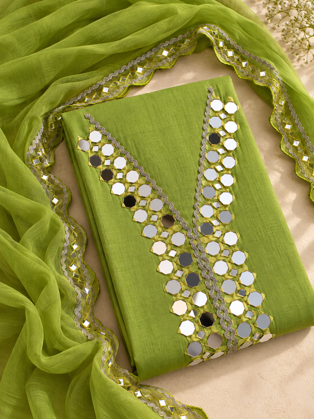 Green Mul Cotton Mirror Work Unstitched Suit Set with Dupatta