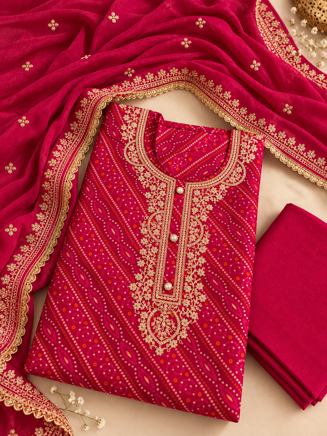 Rani Pink Embroidered Unstitched Suit Set