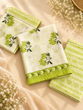 Lime Green Floral Hand Block Print Cotton Unstitched Suit Set – 3 Piece