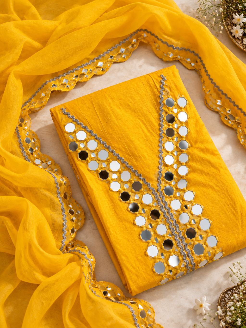 Yellow Mul Cotton Mirror Work Unstitched Suit Set with Dupatta