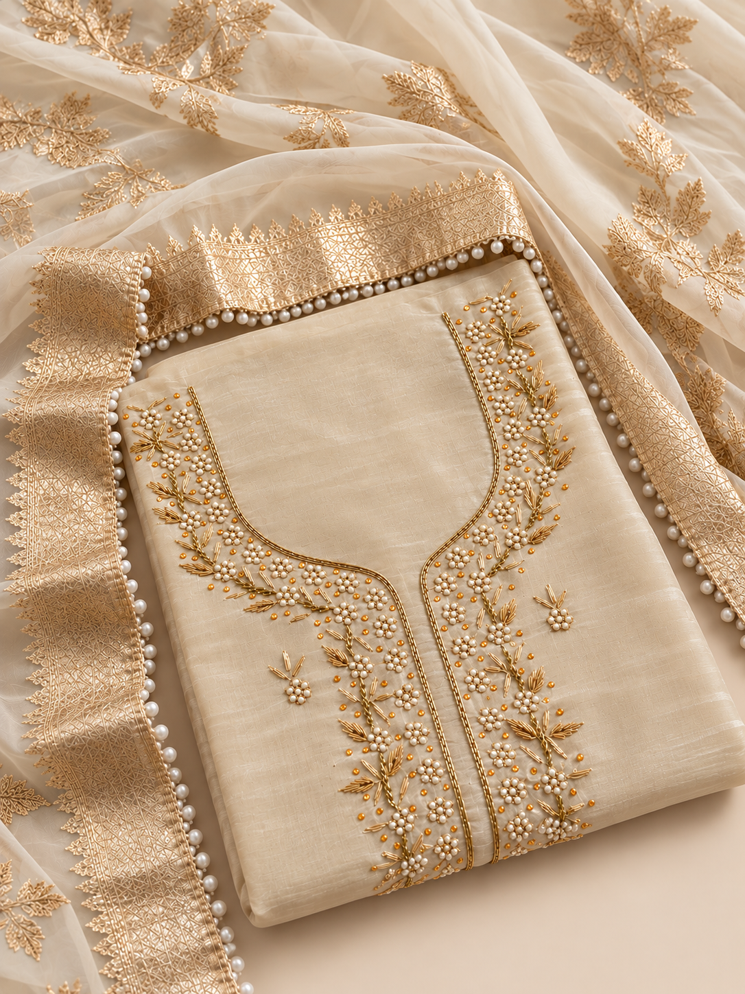 Ivory Pearl & Gold Embroidered Unstitched Suit Set