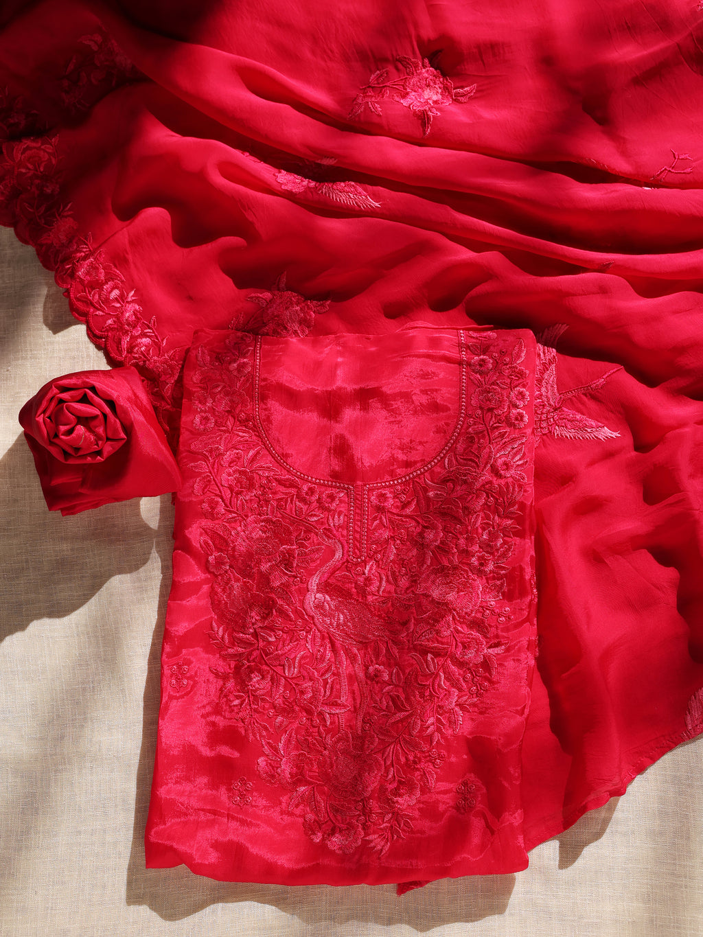 Hot Pink Floral Thread Embroidered Unstitched Suit Set