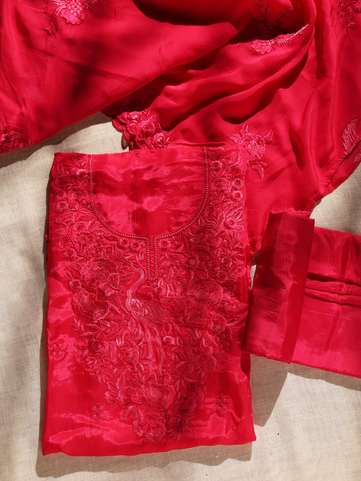 Hot Pink Floral Thread Embroidered Unstitched Suit Set
