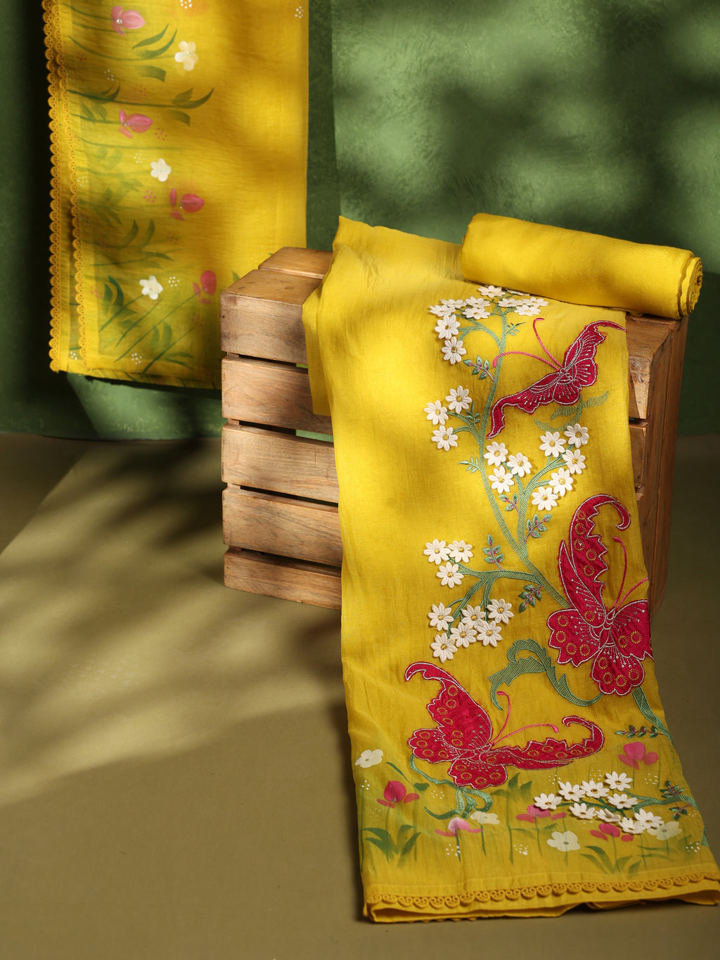 Mustard Yellow Floral & Butterfly Embroidered Unstitched Suit Set | Dorvahi