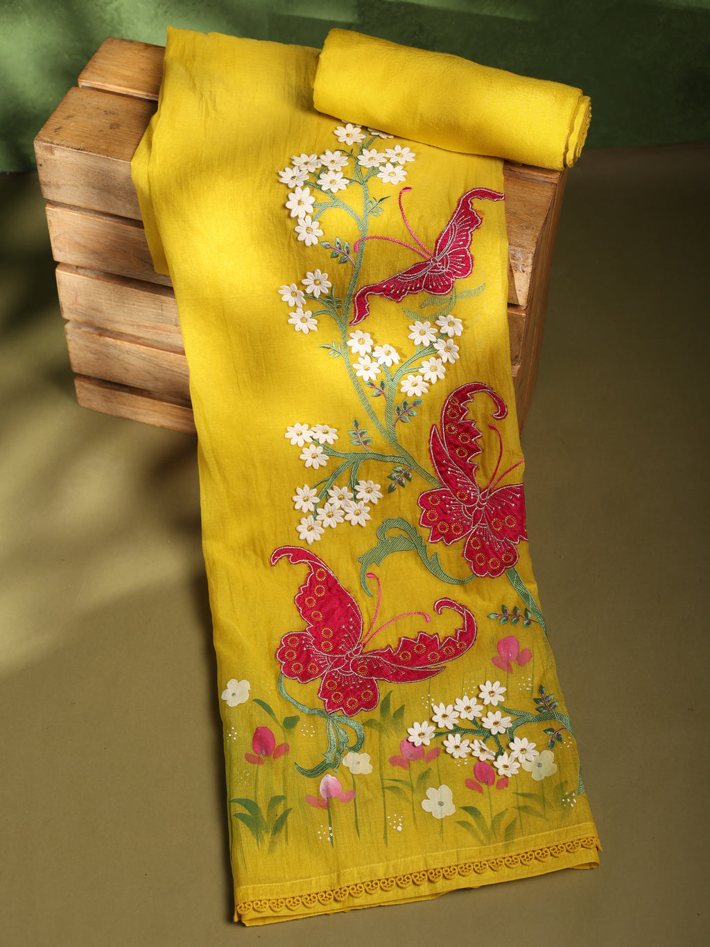Mustard Yellow Floral & Butterfly Embroidered Unstitched Suit Set | Dorvahi