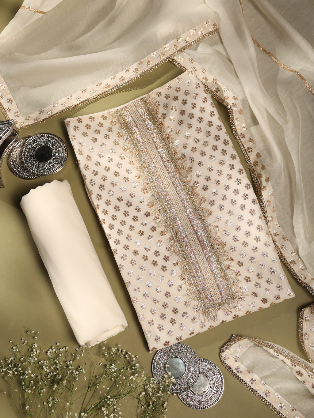 Ivory Gold Floral Embroidered Chanderi Unstitched Suit Set