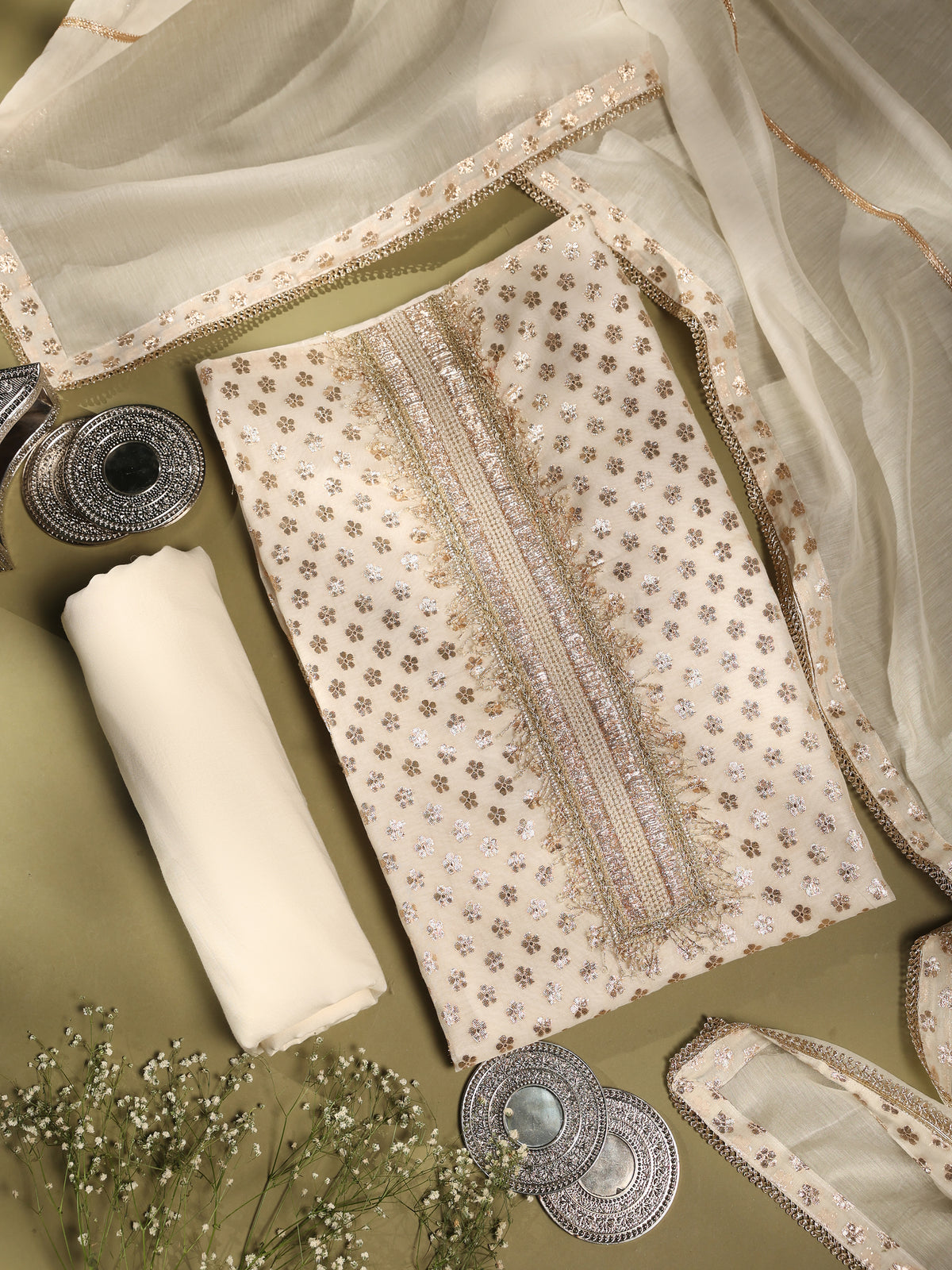 Ivory Gold Floral Embroidered Chanderi Unstitched Suit Set