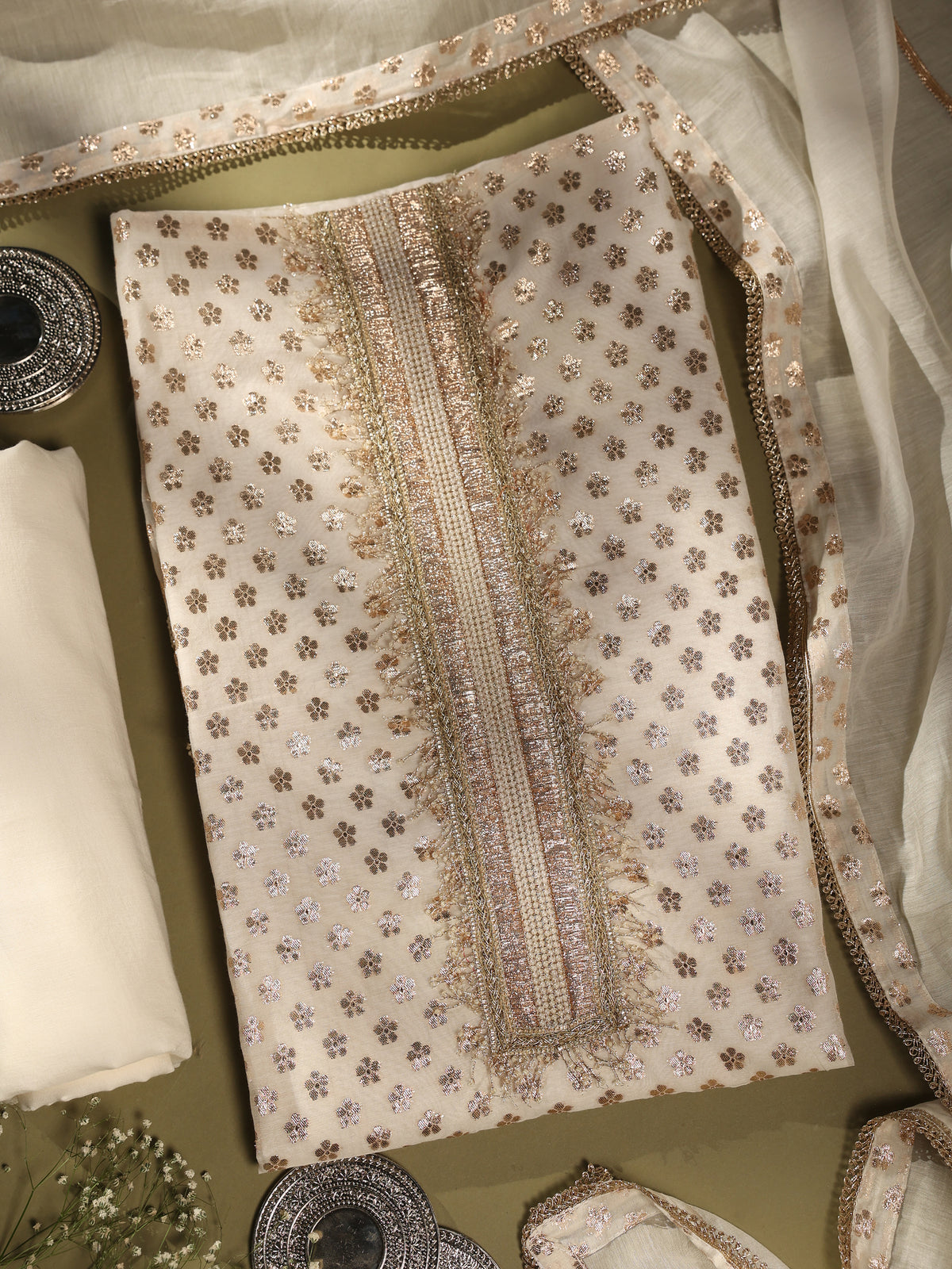 Ivory Gold Floral Embroidered Chanderi Unstitched Suit Set