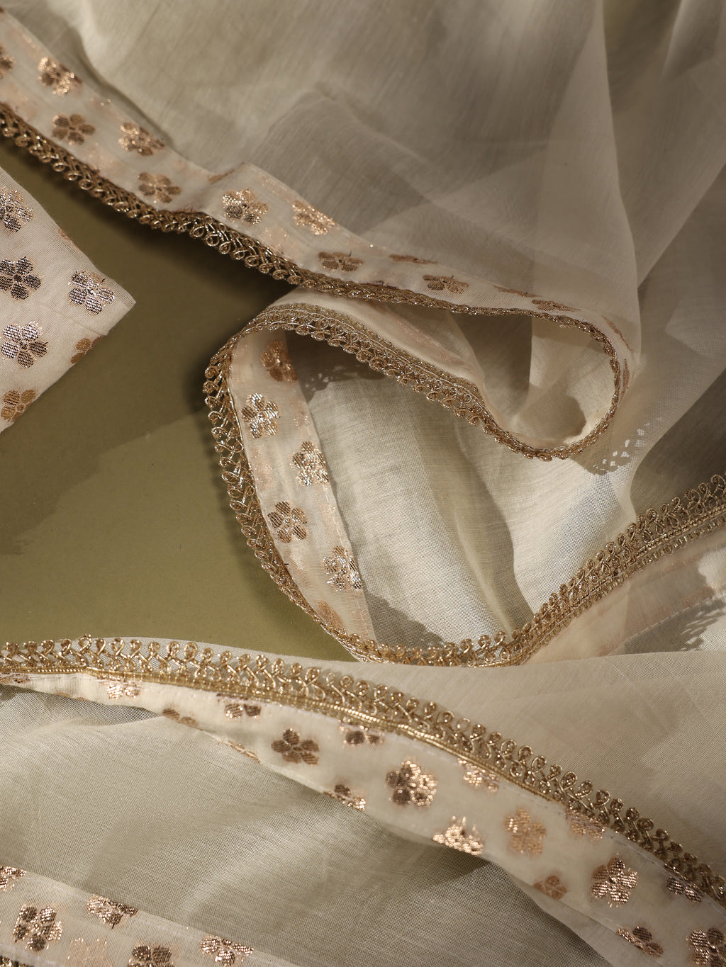 Ivory Gold Floral Embroidered Chanderi Unstitched Suit Set