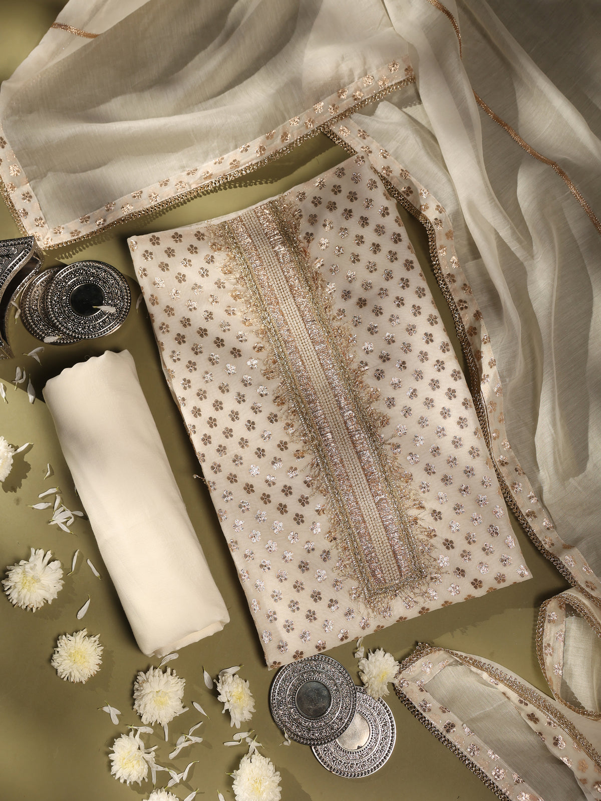 Ivory Gold Floral Embroidered Chanderi Unstitched Suit Set