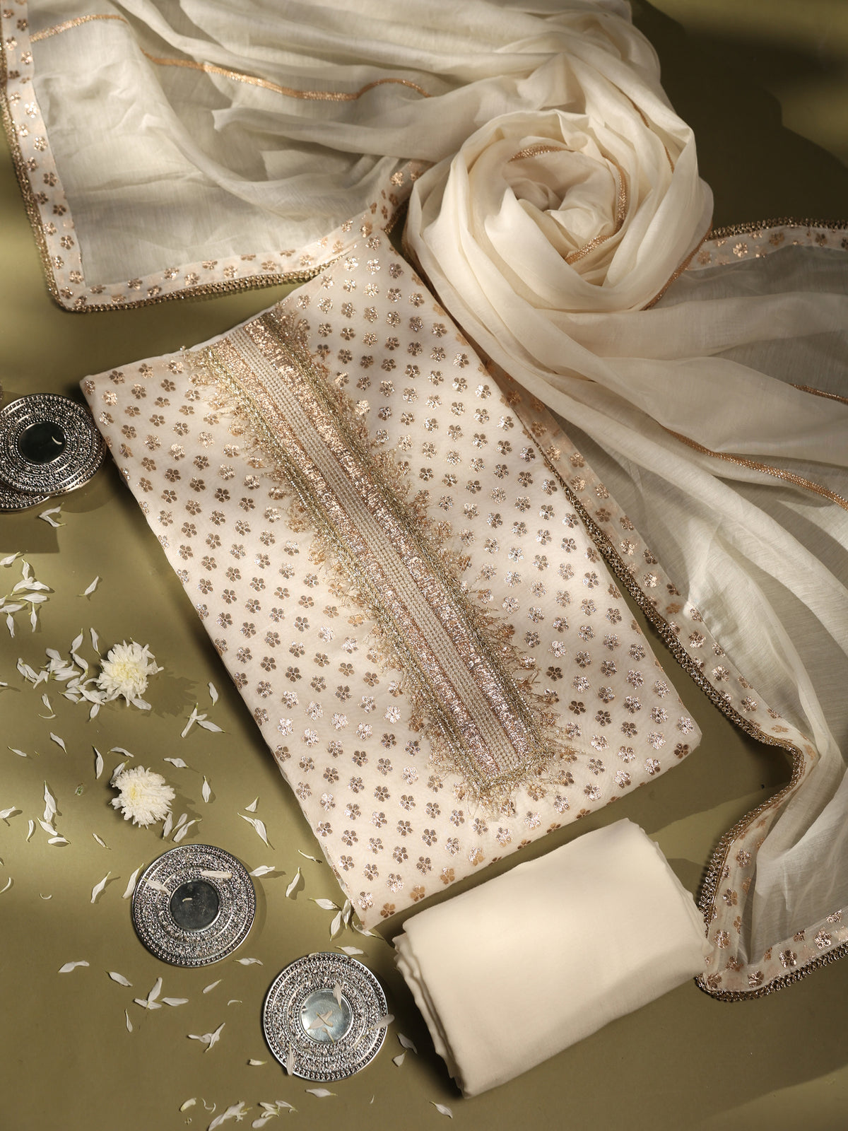 Ivory Gold Floral Embroidered Chanderi Unstitched Suit Set