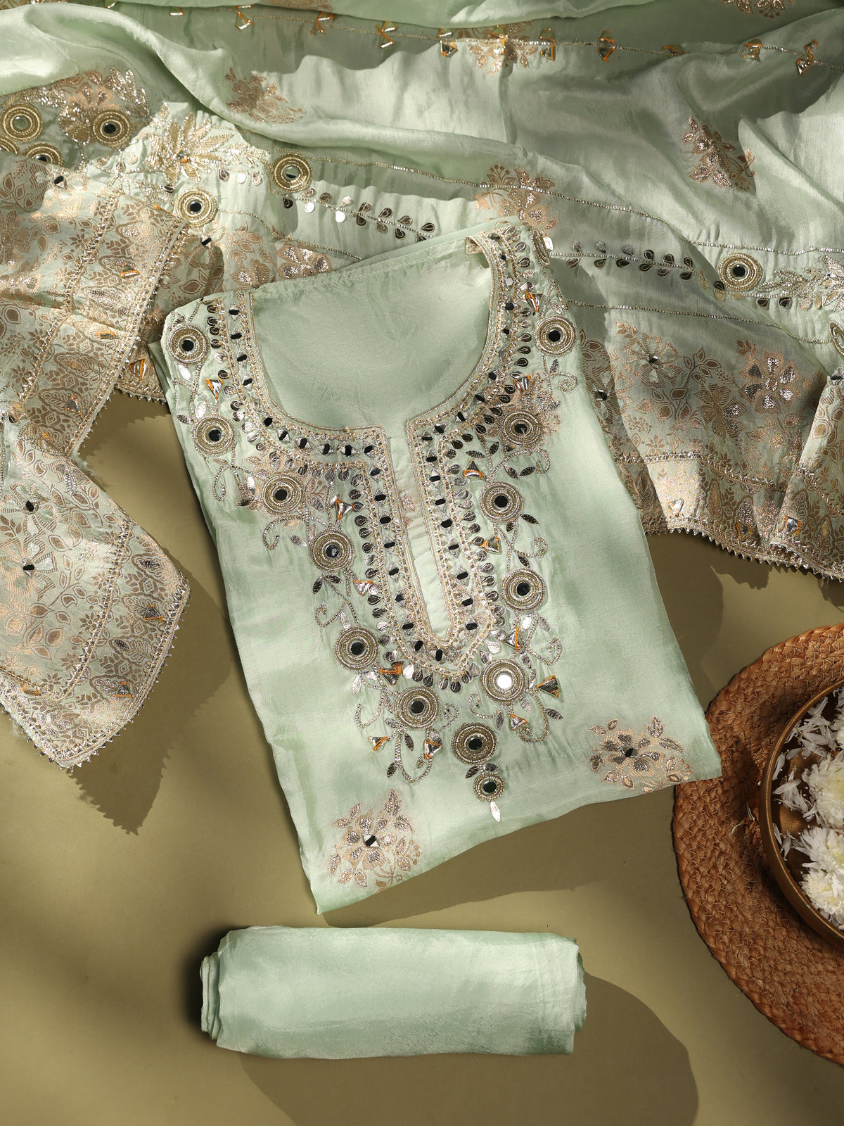 Sage Green Embroidered Unstitched Suit Set