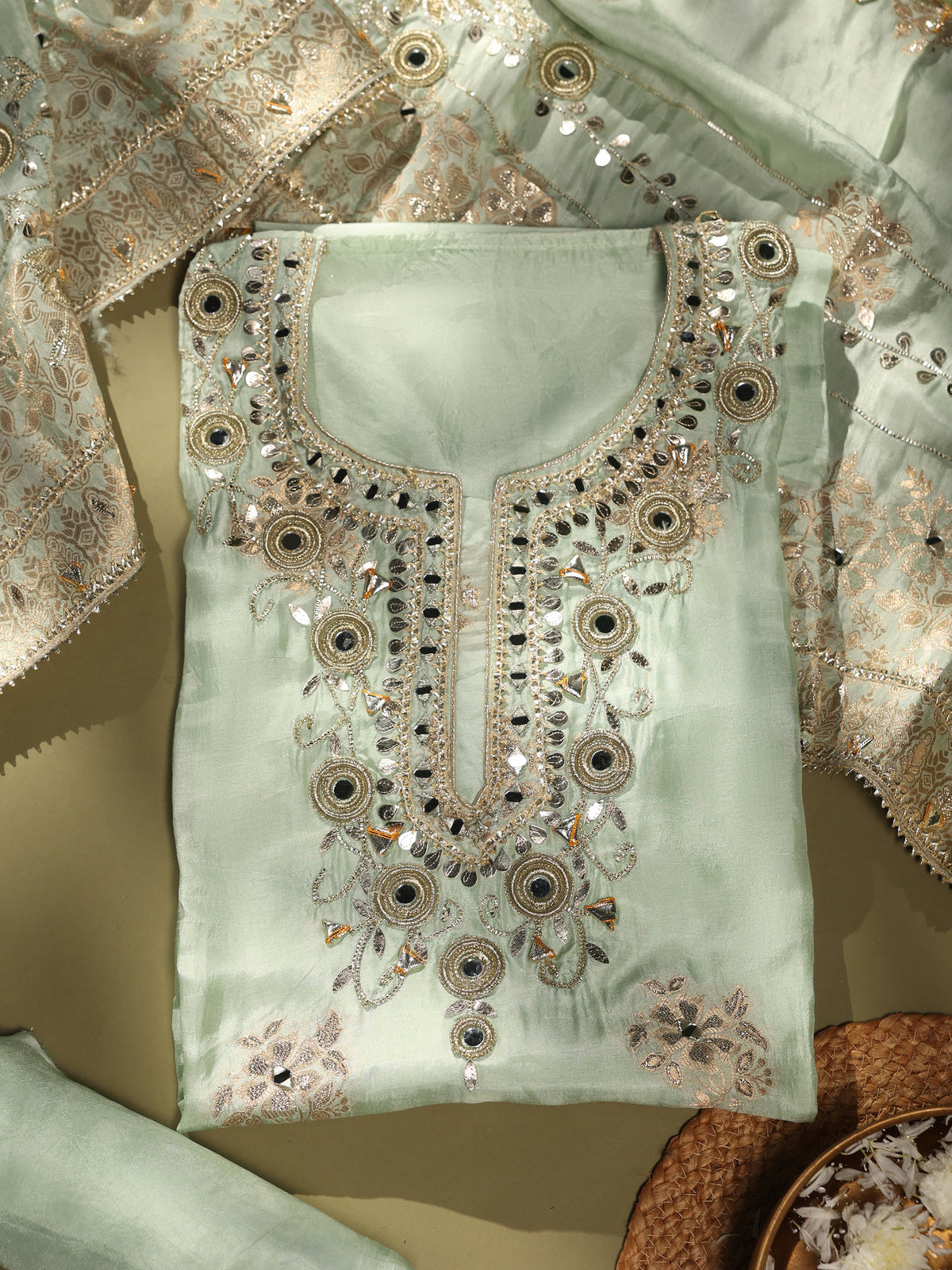 Sage Green Embroidered Unstitched Suit Set