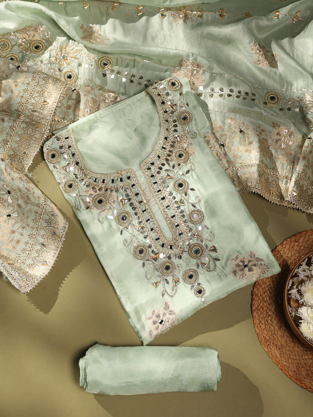 Sage Green Embroidered Unstitched Suit Set