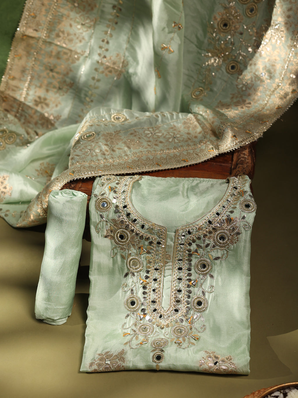 Sage Green Embroidered Unstitched Suit Set