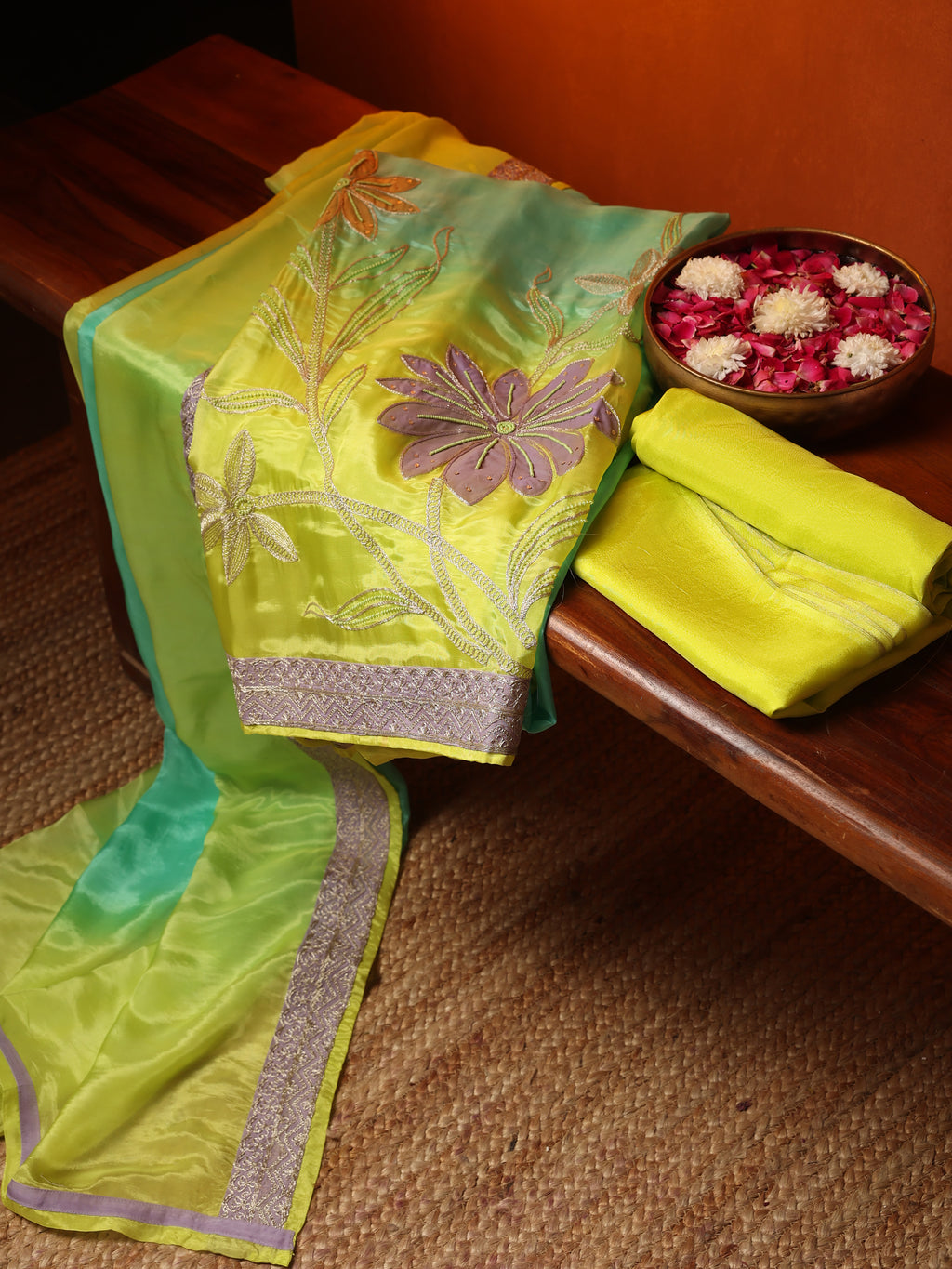 Lime Green Organza Floral Embroidered Unstitched Suit