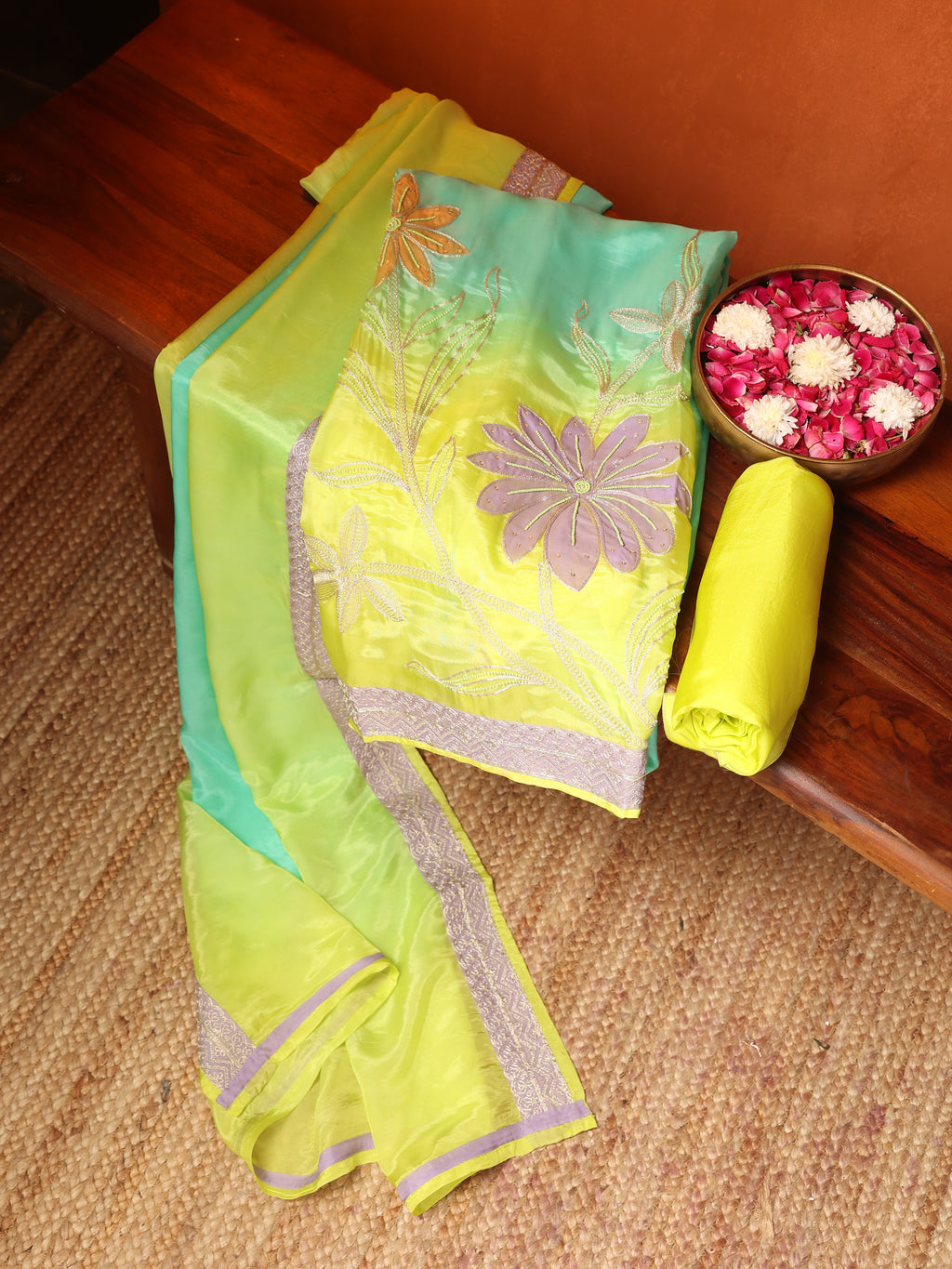 Lime Green Organza Floral Embroidered Unstitched Suit