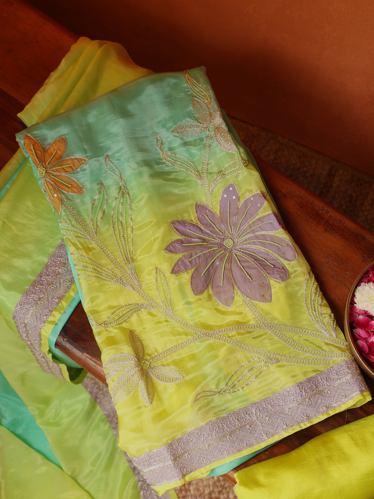 Lime Green Organza Floral Embroidered Unstitched Suit