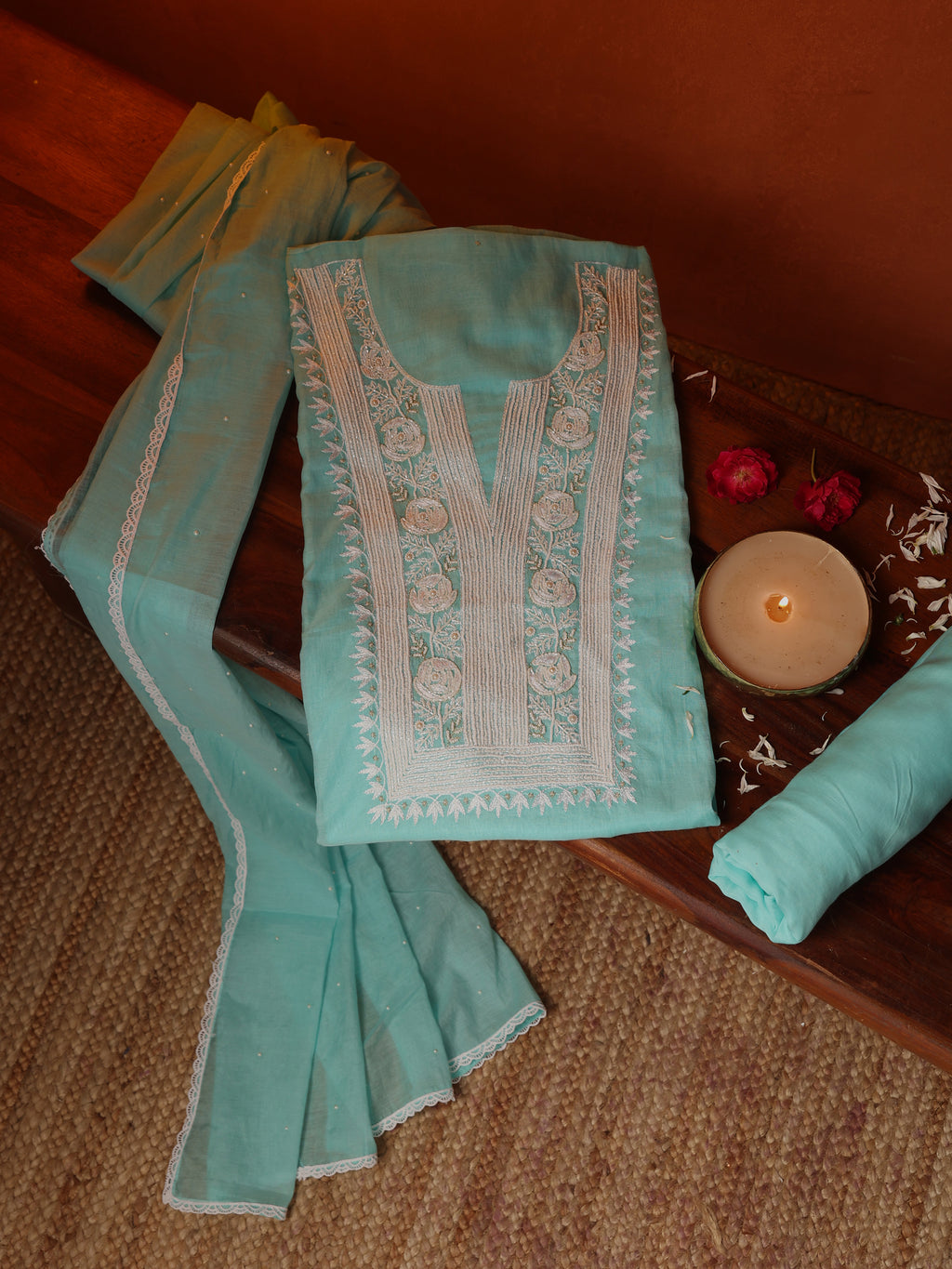 Aqua Blue Embroidered Mul Cotton Unstitched Suit Set