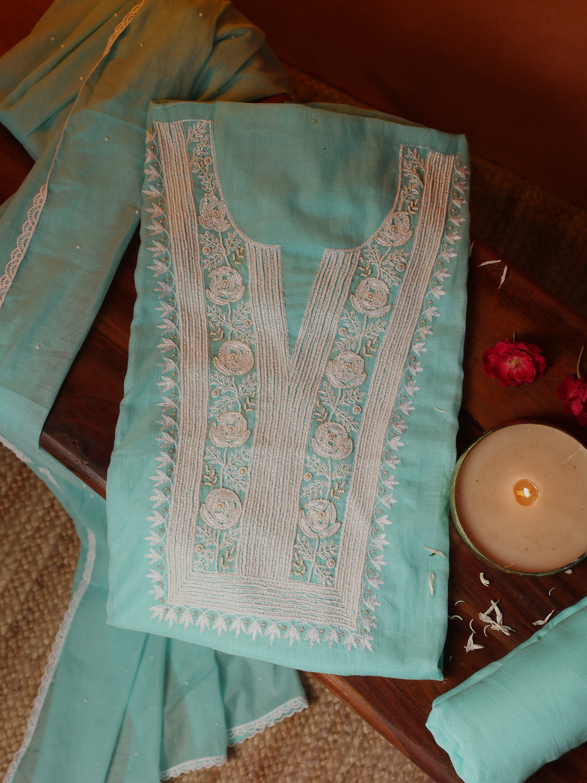 Aqua Blue Embroidered Mul Cotton Unstitched Suit Set