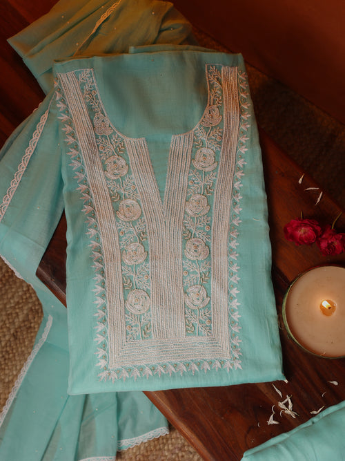 Aqua Blue Embroidered Mul Cotton Unstitched Suit Set