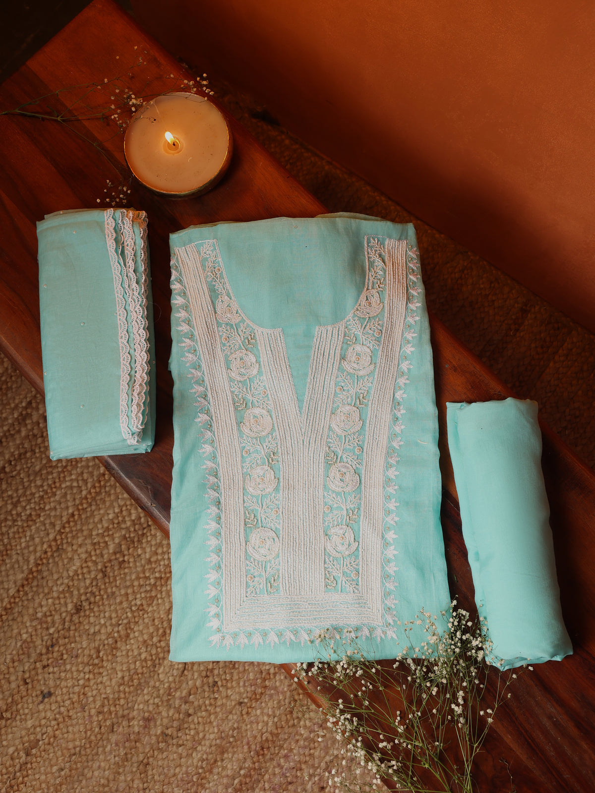 Aqua Blue Embroidered Mul Cotton Unstitched Suit Set