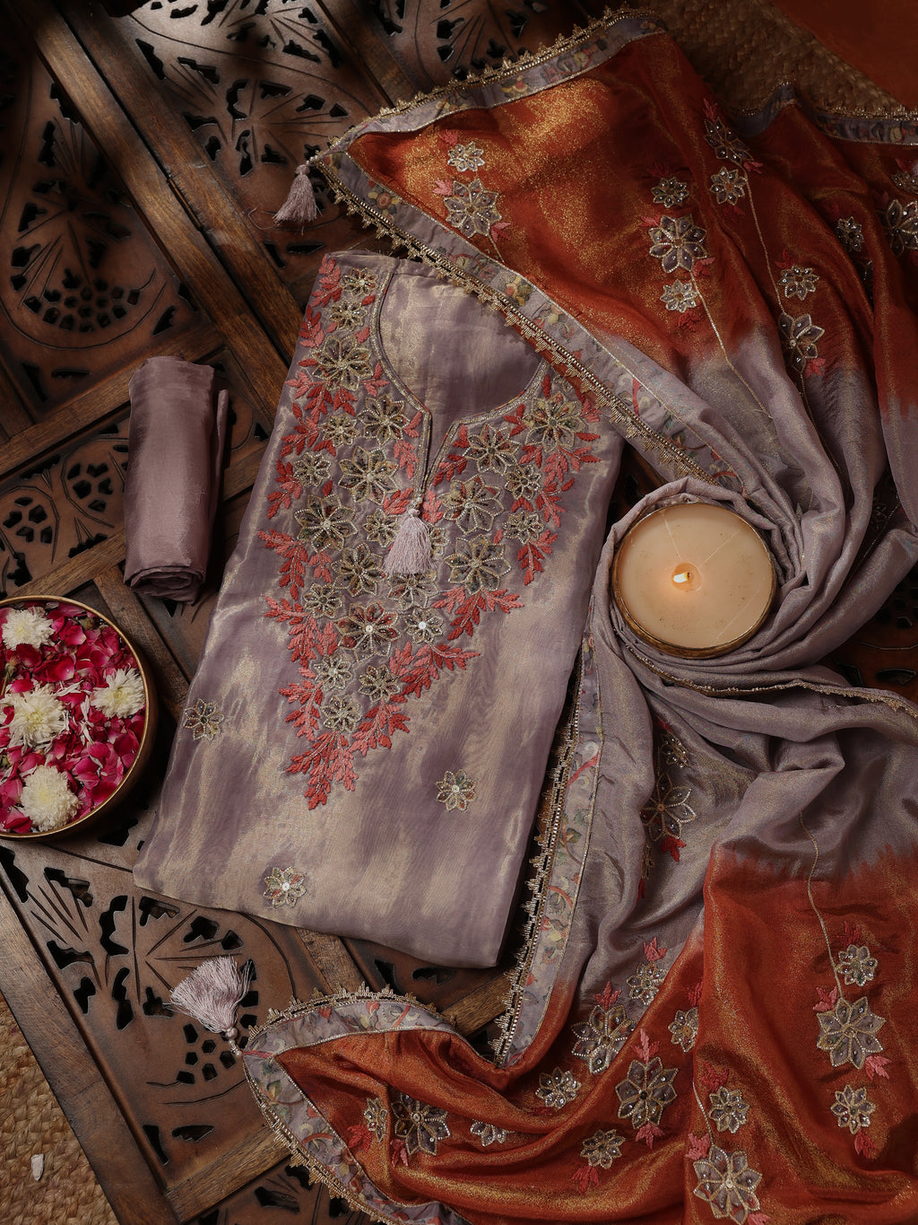 Rust & Mauve Floral Embroidered Unstitched Suit Set
